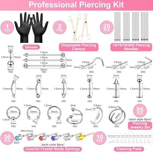 164PCS Body Septum Piercing Kit with 14G/16G/18G/20G Piercing Needles Piercing Jewelry and Tools for Ear Nose Belly Button Nipple Lip Cartilage Eyebrow Tongue Navel Piercing Kit for All Piercings