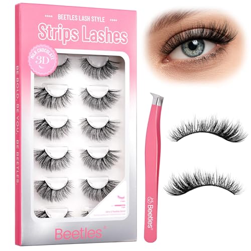 Beetles False Eyelashes Fluffy Cat Eye 7 Pairs Strip Lashes 9-18mm Length Wispy Volume Lashes C Curl 3D DIY Fake Eyelashes with Tweezer Milk Chocolate (SCM001, 9-18mm)