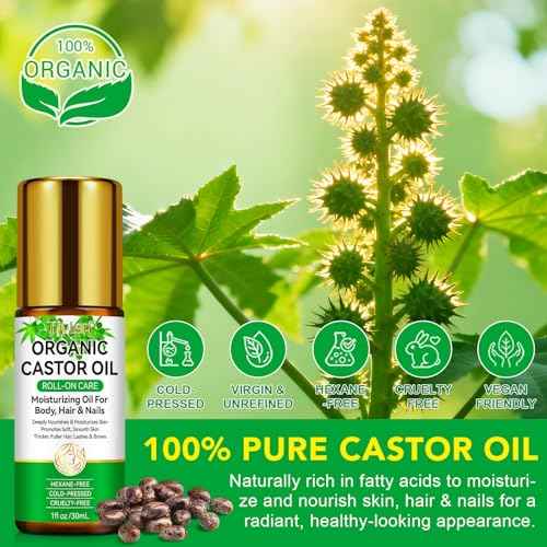 Castor Oil Roll On for Belly, Face, Under Eyes, Body Skin and Hair - 100% Pure Hexane Free Cold Pressed Organic Castor Oil Roller, Easy Application and Absorb - 1fl.oz