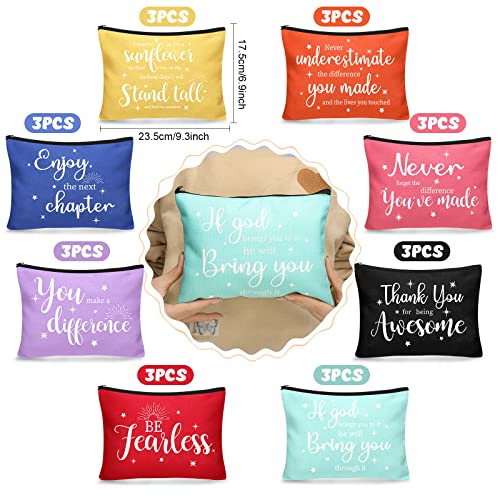Kajaia 24 Pieces Inspirational Canvas Cosmetic Bags Makeup Bags with Zippers Appreciation Motivational Toiletry Purse Pouches Positive Travel Makeup Pouches for Girl Women Friends Coworker, 8 Designs