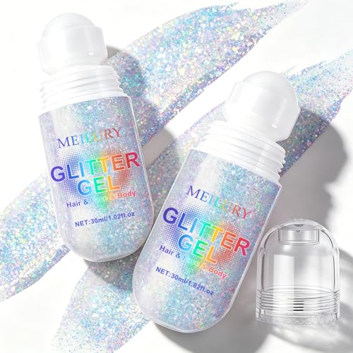 2PCS Rainbow Holographic Roll-On Body & Hair Glitter Gel for Face & Festivals