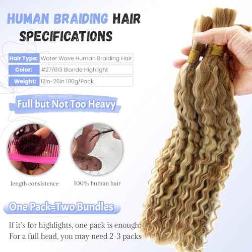 Highlight Human Braiding Hair for Boho Braids, 27/613 Curly Boho Human Hair for Braiding Highlights Blonde Deep Water Wave Bulk Human Hair Color 27 and 613 Bohemian Knotless Braids Two Bundles