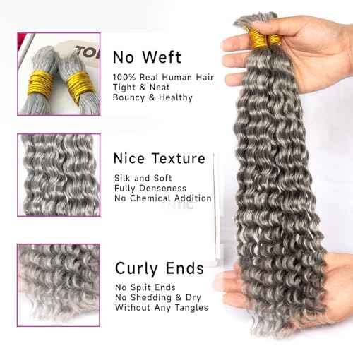 Human Braiding Hair for Boho Braids, Deep Curly Bulk Salt and Pepper Human Hair 100g 2 Bundles/Pack Brazilian Virgin Hair No Weft Wet and Wavy Gray Hair Extensions for Black Women 16 Inch