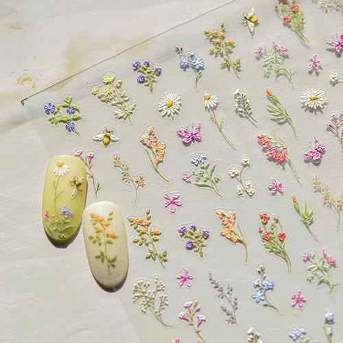JMEOWIO 3D Embossed Flower Nail Art Stickers Decals Self-Adhesive 5D Spring Summer Floral Nail Supplies Nail Art Design Decoration Accessories 1 Sheets