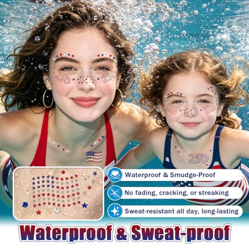 4th of July Temporary Tattoos & Face Gems Set - 6 Pcs Glitter Stickers