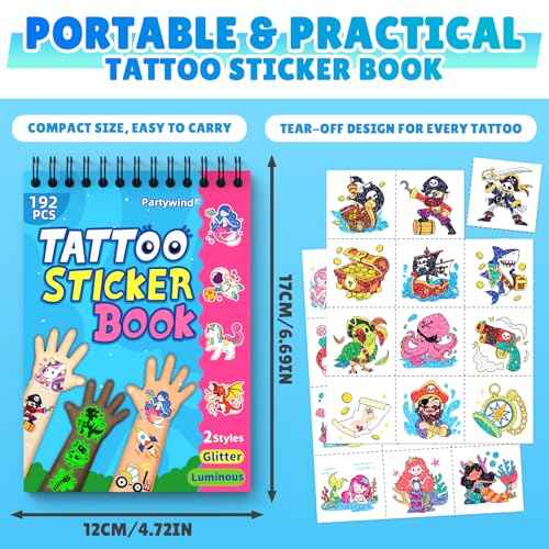 Partywind 192 Styles Glow & Glitter Temporary Tattoos Book for Kids, 16 Themes Kid Temporary Tattoos for Party Favors Classroom Prizes,Tattoos for Kids Birthday Supplies Goodie Bags Stuffer