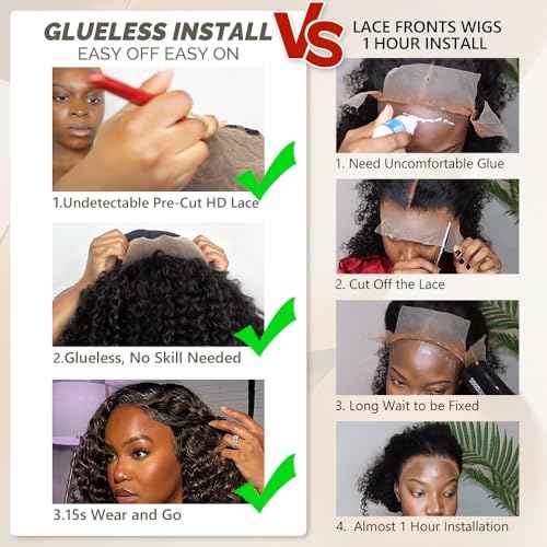 Highlight Curly Human Hair Wig 1B/30 Glueless Wigs Human Hair Pre Plucked Pre Cut No Glue Deep Wave Wig Short Ombre Brown Bob Wig Wear and Go Glueless Wig 200 Density for Women 12"
