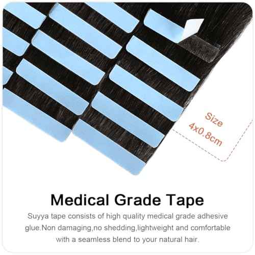 SUYYA Invisible Tape in Hair Extensions Human Hair Natural Black Seamless Injected Hand-Tied Pro Quality Virgin Human Hair 20PCS 40G/Pack Straight Tape Ins(14 inch #1B Off Black)