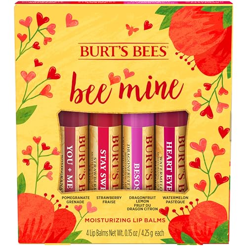 Burt's Bees Bee Mine Lip Balm Gift Set, Strawberry, Dragonfruit Lemon, Pomegranate and Watermelon, 4 Personalized Lip Balms, Pack May Vary
