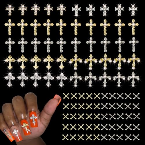 100 Pcs Cross Nail Charms Gold and Silver, 50 Each, Y2K 3D Silver Gold Charms Accessories for Nail Decorations