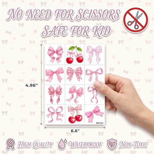 Pink Bow Temporary Tattoos for Kids - 96 PCS Party Favors