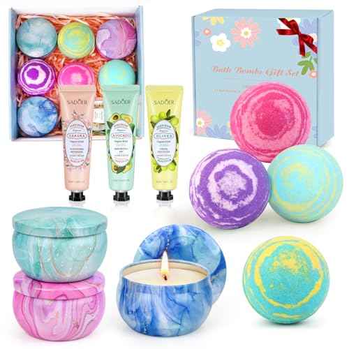 Bath Bombs for Women Gift Set - 4 Large Bath Bombs + 3 Scented Candles + 3 Hand Lotions, Handmade Moisturizing SPA Gift Baskets Fizzy Bath Bomb, Ideal Gift for Mother's Day, Birthday,Valentine's Day