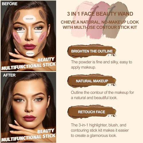 Lezero 3-Piece Contour Stick Kit with Blush, Bronzer & Highlighter