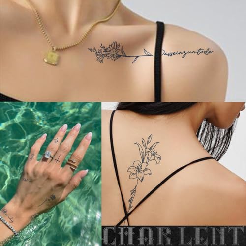 Semi-Permanent Tattoos for Adult - 2 Weeks Long Last Small Flower Words Tattoos for Women Men Hand Neck Body/Fades Naturally/No Reflection/Waterproof/Realistic, Minimal Line Art