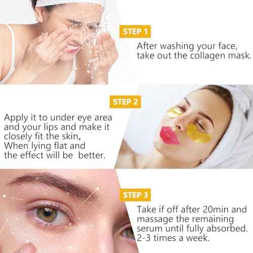 15 Pairs Collagen Crystal Eye Mask and 15 Pcs Collagen Crystal Lip Mask, Under Eye Patches and Lip Pads,Collagen Crystal Mask Set for Moisturizing, Reducing Fine Lines & Dark Circles (Gold and Pink)
