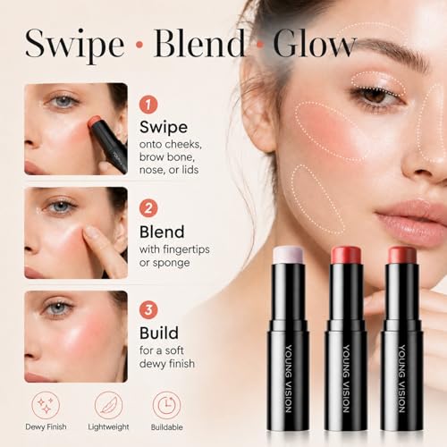 YOUNG VISION Multi-Use Cream Blush Makeup Stick, Hydrating Dewy Lip