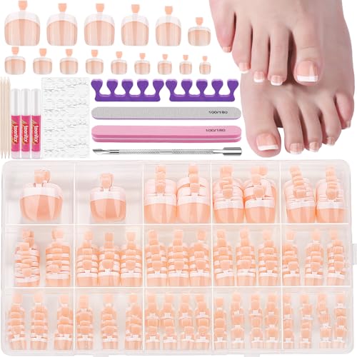 Teenitor Press on Toenails 240pc 15 Sizes French Tip Toe Nails