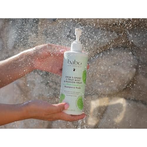 Babo Botanicals Swim & Sport Citrus Mint & Passion Fruit Shampoo & Wash - Purifying Cleanser for hair & body- Removes chlorine & sweat - For all ages - Scented with Citrus & Peppermint Essential Oils