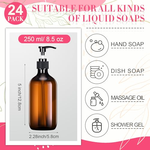 Tessco for you 24 Pcs Amber Soap Dispenser Empty Plastic Pump Bottles Refillable Shampoo Container for Hand Sanitizer Soap Lotion Body Wash Conditioner Bathroom Kitchen Travel, 8.45oz
