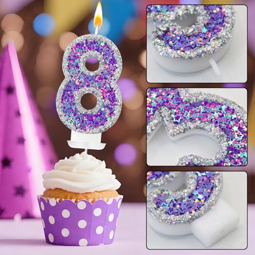 Number 8 Birthday Candle - Purple & Silver Glitter Cake Topper