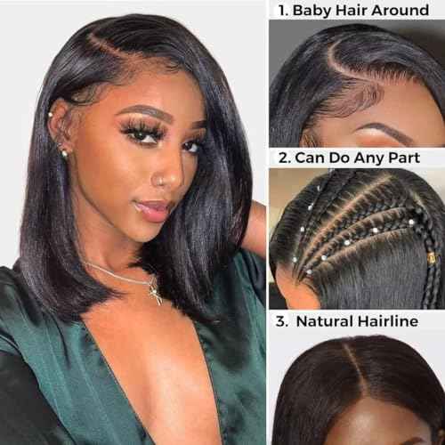 Wear and Go Glueless Wigs Human Hair Pre Plucked 4x4 Straight Short Bob Closure Wig Human Hair for black women 180 dentisty Natrual Color 12 inch