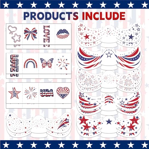 Glitter 4th of July Face Tattoos - Red White Blue Party Favors (18 Sheets)