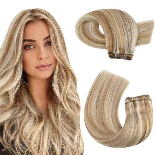 Moresoo Sew in Hair Extensions Real Human Hair Blonde Highlights Remy Human Hair Weft Extensions Medium Brown with Blonde Sew in Weft Hair Extensions Human Hair 100g 18 Inch