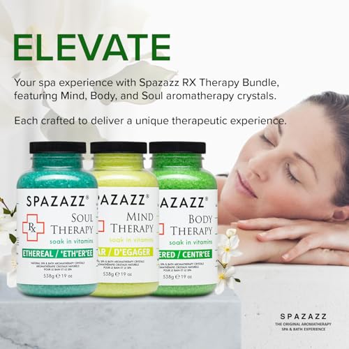 RX Therapy Spa and Hot Tub Aromatherapy Scented Relaxation Bath Salt Crystals - Mind Body and Soul Bundle Gift Set (19 Oz) Includes 5 Point Full Body Massage Tool & Hot Cold Towel (19OZ 3 Pack)