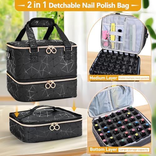 Large Nail Polish Organizer Bag Holds 84 Bottles Nail Polish and a Nail Lamp, PU Leather Nail Kit Storage Carrying Case, Removable Portable Travel Nail Art Tool Storage