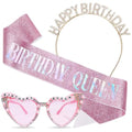 Pink Birthday Queen Sash with Sparkling Crystal Headband & Heart Sunglasses - 21st, 25th, 30th, 40th, 50th, 60th Women Party Accessories