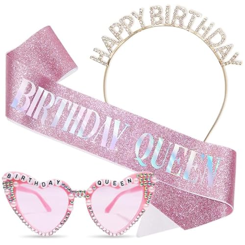 Pink Birthday Queen Sash with Sparkling Crystal Headband & Heart Sunglasses - 21st, 25th, 30th, 40th, 50th, 60th Women Party Accessories