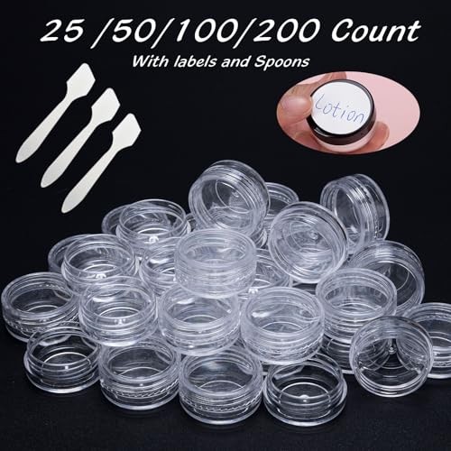200 Count 3 Gram Sample Containers, Clear Lip Balm Containers with Lids, Small Plastic Sample Jars with 12 Mini Spoons, 200pcs Labels (Clear Lid)