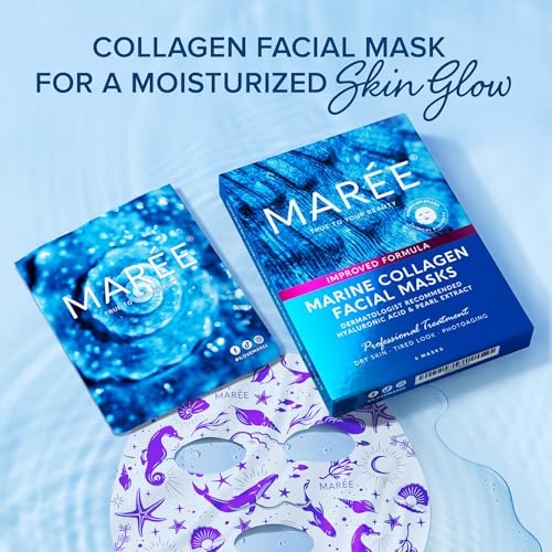 MAREE Collagen Facial Mask with Hyaluronic Acid ? Sheet Face Mask Skincare ? Centella Asiatica, Green & Red Algae Extract ? Hydrating Facemask For Women Skin Care ? Mascarillas Para La Cara ? 6 Count