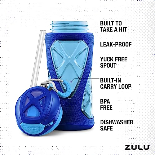 ZULU Torque 16oz Plastic Kids Water Bottle with Silicone Sleeve and Leak-Proof Locking Flip Lid and Soft Touch Carry Loop for School Backpack, Lunchbox, Outdoor Sports, Dishwasher Safe, Mojo Blue