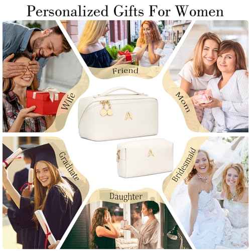 Birthday Gifts for Women Teen Girl, Personalized Initial Makeup Organizer Bag Set, Open Flat Travel Cosmetic Bag With Clear Divider and Handle(Beige,A)