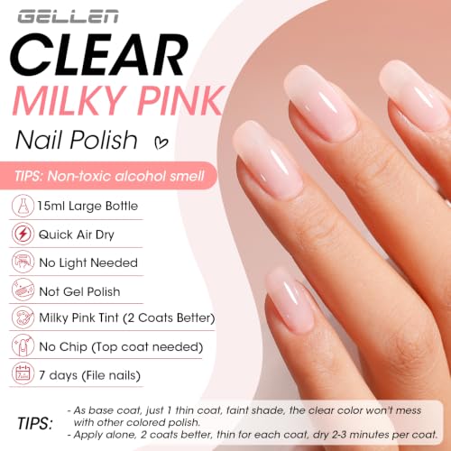 GELLEN A04 Clear Tinted Milky Pink Base Coat Nail Polish, No Lamp Needed