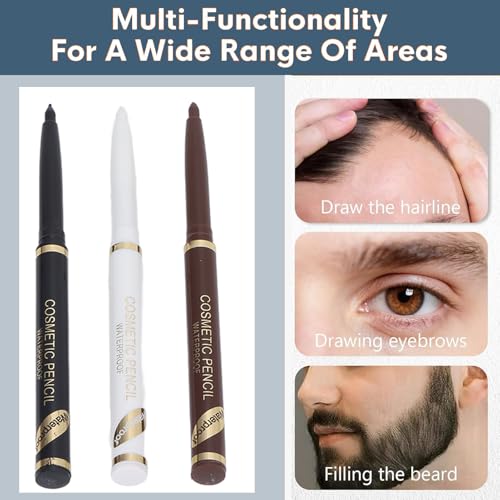 Beard Filler Pen, 3 Pieces Beard Contour Pencils, Enhance and Color Facial Hair (White, Black, Brown)