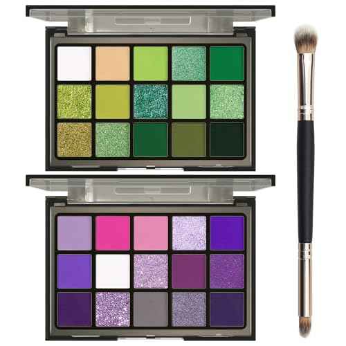 UCANBE 2pcs Eyeshadow Palette Makeup Set, Green Purple Color Shimmer Matte Metallic Eye Shadow Pallet with Soft Brush Eye Make Up Kit for Halloween Cosplay Costume Beetlejuice Medusa Poison Ivy Ursula