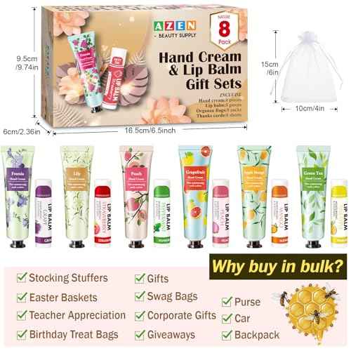 AZEN 8 Sets Bulk Gifts, Hand Cream and Lip Balm Bulk Set with Organza Bag Thank You Card, Baby Shower Wedding Gifts for Guests, Bridal Wedding Favors for Guests,Thank You Gifts for Women