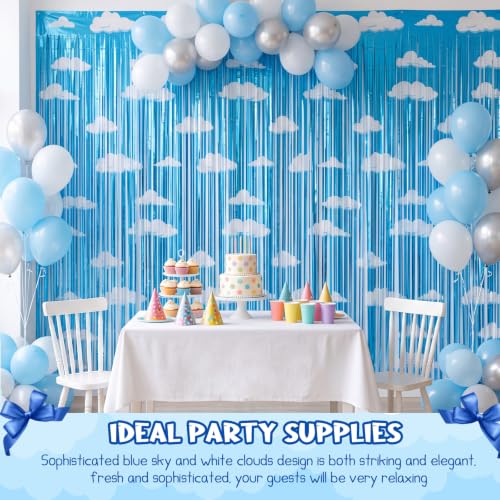 XunYee 3 Pack Cloud Fringe Backdrop Foil Curtains - Blue Sky & White Clouds Theme