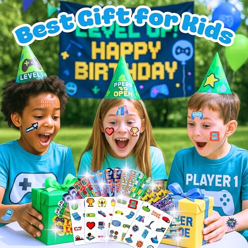 Cherisnowy 72PC Video Game Party Favors - 48 Tattoos & 24 Slap Bracelets