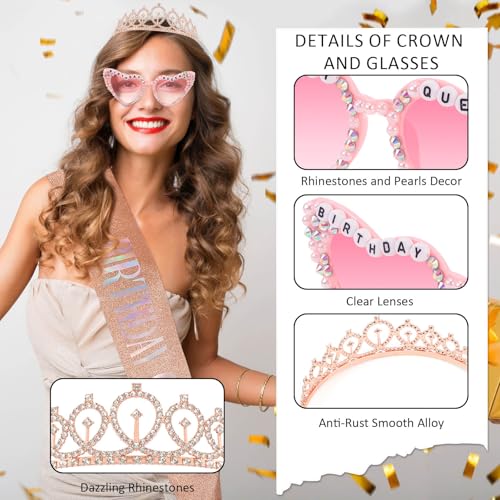 Birthday Queen Sash, Crown & Glasses Set - Rose Gold Party Decor