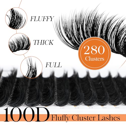 BEYELIAN Fluffy Cluster Eyelash Extensions 100D 280 Pcs Thick Dramatic Lash Clusters Wispy 3D Volume 9-18mm DIY Cluster Lashes Black Band Eyelash Extension Easy to Apply at Home