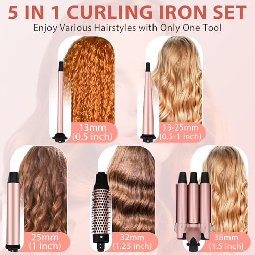 Vnina 5-in-1 Curling Wand Set 0.5-1.5 Inch Interchangeable Ceramic Curlers