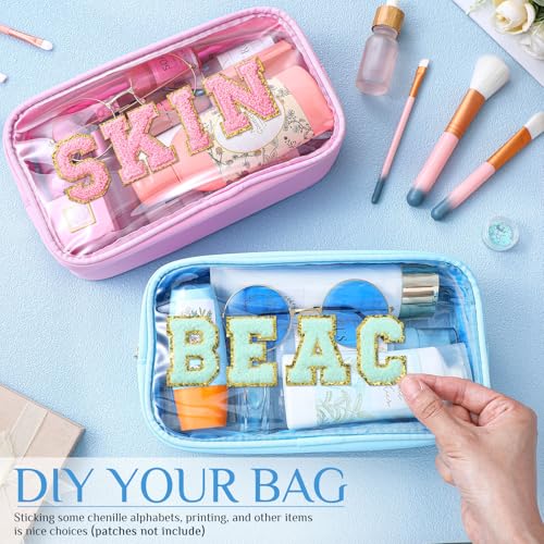 Cunno 12 Pcs Preppy Clear Cosmetic Bags Bulk Appreciation Gifts DIY Chenille Letter Makeup Pouch Transparent Beach Zipper Pouches PVC Travel Toiletry Organizer for Women