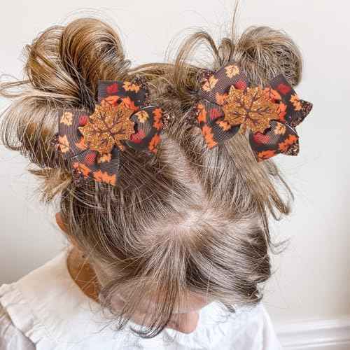 2Pcs Fall Thanksgiving Hair Bow Clips Glitter Maple leaf Hair Bows Alligator Barrettes Autumn Grosgrain Ribbon Hair Accessories Cute Hairpin for Thin Thick Hair Thanksgiving Hair Decoration for Girls