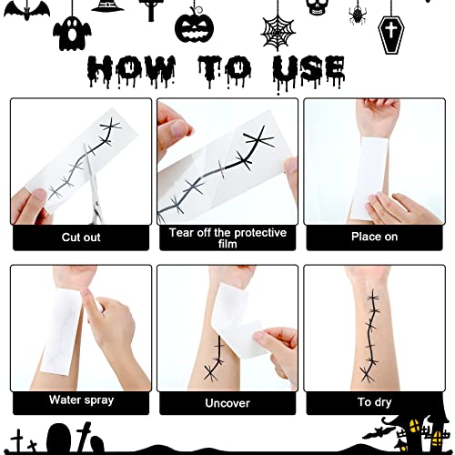 Nosiny 48 Sheets Halloween Stitches Tattoo Stickers Fake Scars Temporary Tattoos Horror Cosplay Accessories for Adult Kids Girls Gifts Halloween Party Decor