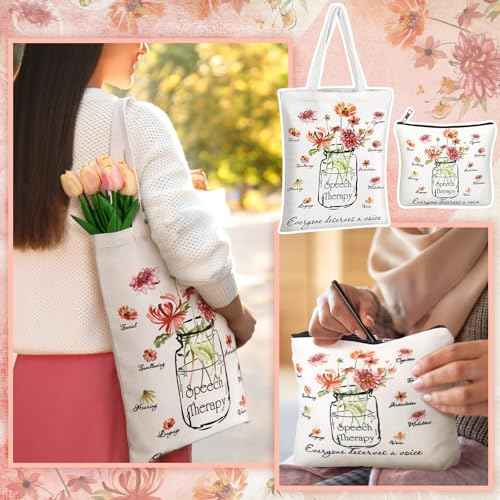 2 Pcs Christmas Speech Therapy Gifts Speech Language Pathologist Tote Bag with Cosmetic Bag Christmas Occupational Therapy Appreciation Gifts for Women St Slp Assistant Therapist