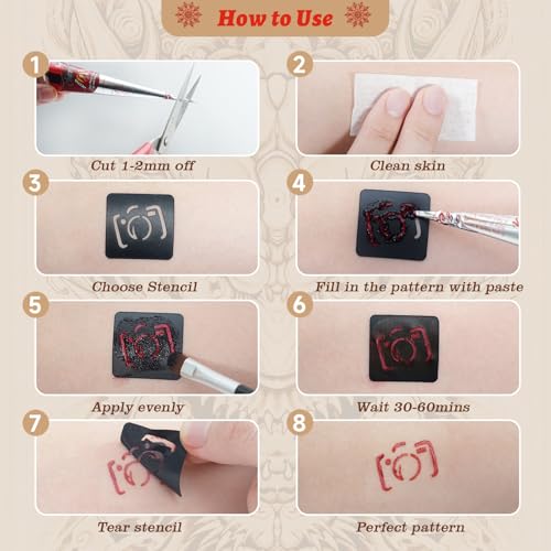 Temporary Tattoo Kit - 6 Pcs Tattoo Cones 3 Colors DIY Safe Ink (Brown, Black, Cherry Red) | Includes Reusable Stencils, Brush & Gloves | Body Art for Kids & Adults