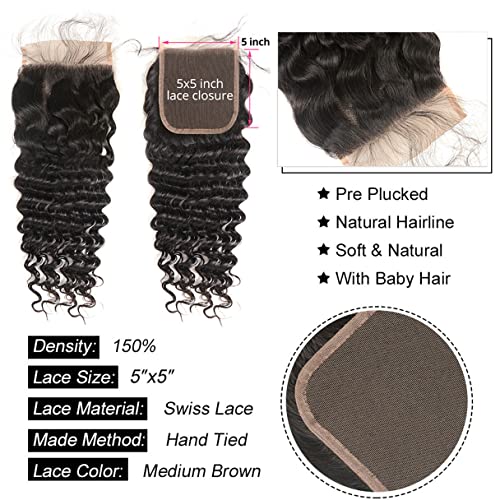 Brazilian Deep Wave 5x5 Lace Closure 100% Unprocessed Human Virgin Hair Deep Curly Free Part Closure Pre-Plucked Hairline Loose Deep Closure Natural Black Baby Hair (18inch, 5x5 deep wave closure)